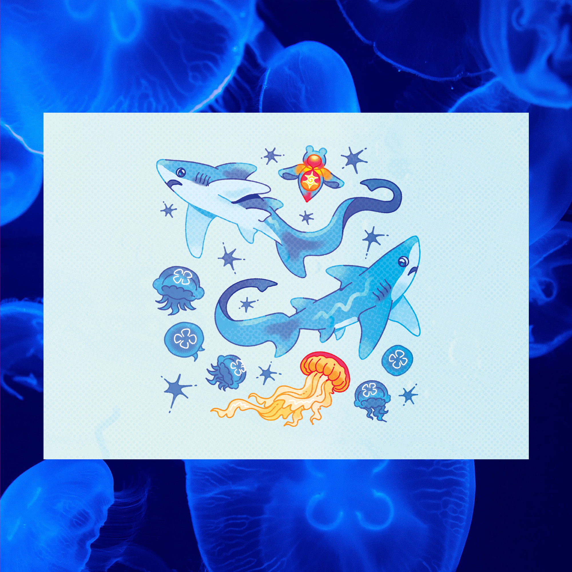 Jellyfish and Thresher Sharks 5"x7" Fine Art Print