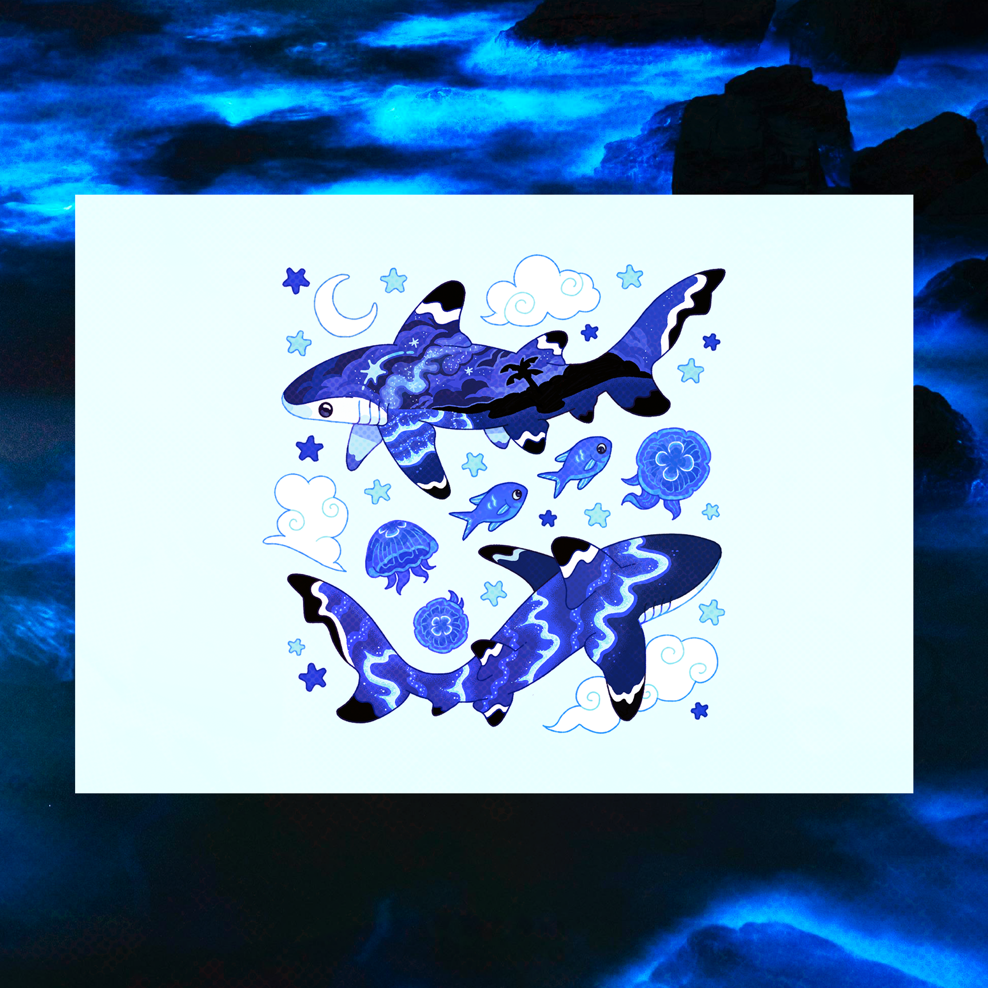 Bioluminescent Blacktip Reef Sharks 5"x7" Fine Art Print